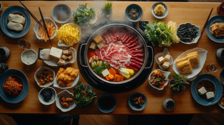 A beautifully arranged hot pot setup on a dining table, featuring a variety of ingredients like thinly sliced beef, tofu, and colorful vegetables, ready for cooking.の素材