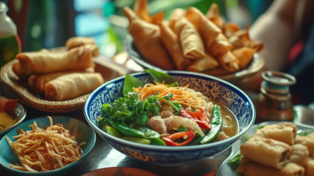 A charming image of a bowl of being enjoyed with a variety of traditional Thai side dishes, including stir-fried vegetables and crispy spring rolls.の素材