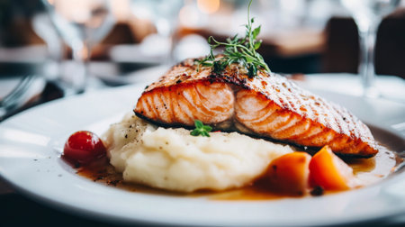 A beautifully plated salmon dish with a side of creamy mashed potatoes and seasonal vegetables, garnished with herbs and served in an elegant dining setting.の素材