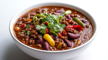 A bowl of chili con carne with visible chunks of red and green chili peppers, garnished with fresh herbs, set against a clean, white background.の素材