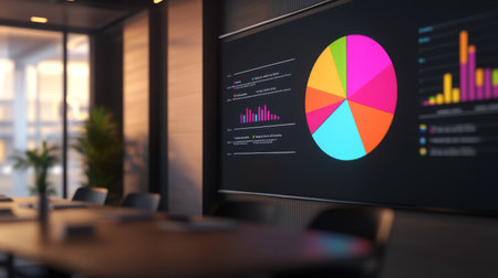 A 3D pie chart visualizing market share data, with vibrant segments and percentages, displayed on a large interactive screen during a business presentation.の素材