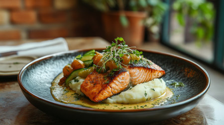 A beautifully plated salmon dish with a side of creamy mashed potatoes and seasonal vegetables, garnished with herbs and served in an elegant dining setting.の素材