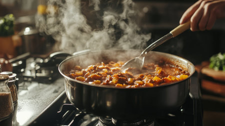 A chef stirring a pot of hearty stew on a stove, with rich, bubbling contents and a focus on the steam and texture, in a cozy kitchen setting.の素材