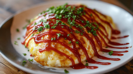 A charming image of a plate of omurice decorated with artistic swirls of ketchup and fresh parsley, making it visually appealing for a gourmet presentation.の素材