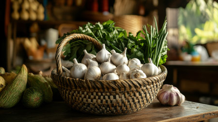 A charming scene of a traditional Thai kitchen with a basket full of fresh alongside other ingredients like garlic and herbs, emphasizing an authentic cooking environment.の素材