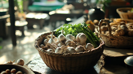 A charming scene of a traditional Thai kitchen with a basket full of fresh alongside other ingredients like garlic and herbs, emphasizing an authentic cooking environment.の素材