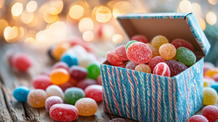 A charming image of a gift box filled with assorted with the lid slightly open to reveal the colorful candies inside, set on a cozy, festive table.の素材
