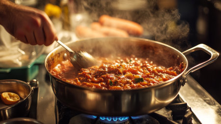 A chef stirring a pot of hearty stew on a stove, with rich, bubbling contents and a focus on the steam and texture, in a cozy kitchen setting.の素材
