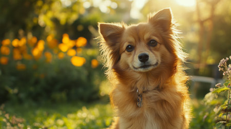 A charming shot of a fluffy dog with its head tilted to the side, looking curiously at the camera with a background of a sunny, cheerful garden.の素材
