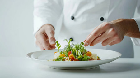 A chef carefully plating a gourmet dish, with a focus on the elegant presentation and garnishing, set against a pristine white background for a professional look.の素材