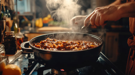 A chef stirring a pot of hearty stew on a stove, with rich, bubbling contents and a focus on the steam and texture, in a cozy kitchen setting.の素材