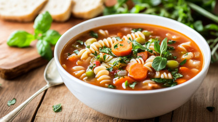 A bowl of homemade Italian minestrone soup with a variety of vegetables and pasta, garnished with fresh herbs, served on a rustic wooden table.の素材