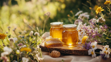 A beautiful arrangement of honey jars and honeycomb with a drizzle of honey on a wooden board, surrounded by fresh flowers and a clean, natural setting.の素材