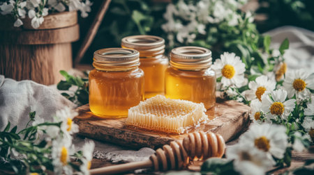 A beautiful arrangement of honey jars and honeycomb with a drizzle of honey on a wooden board, surrounded by fresh flowers and a clean, natural setting.の素材