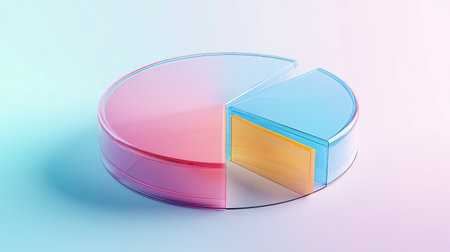 A 3D pie chart with transparent slices and a floating effect, highlighting different data categories with a sleek, contemporary design.の素材