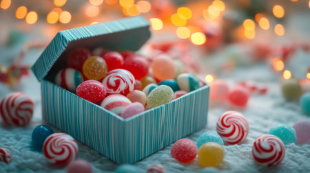 A charming image of a gift box filled with assorted with the lid slightly open to reveal the colorful candies inside, set on a cozy, festive table.の素材