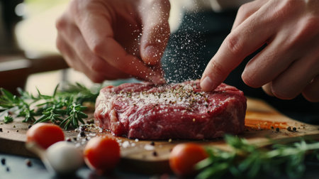 A chef hands seasoning a raw steak with salt and pepper, preparing it for grilling, with fresh herbs, spices, and a cutting board in the background.の素材