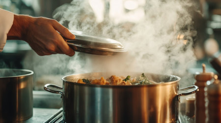 A chef hands lifting the lid off a pot of hot, bubbling broth, with steam escaping and the rich ingredients visible inside, set in a professional kitchen.の素材