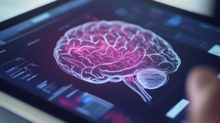 A close-up of a brain diagram on a tablet or digital device, with interactive elements and annotations showing different brain functions and regions.の素材