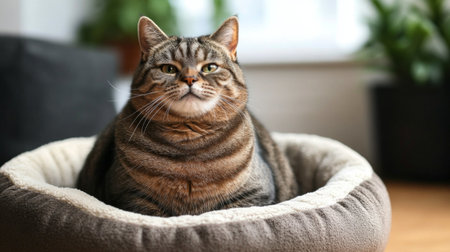 A chubby cat sitting upright in a cat bed, with a focus on its full body and content expression, set against a simple, comfortable backdrop.の素材
