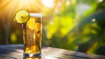 A chilled glass of beer with a slice of lime on the rim, set on a bright outdoor table with a relaxed, summer vibe and sunny background.の素材
