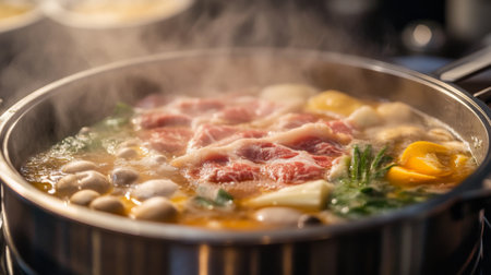 A close-up of a bubbling hot pot with rich broth, slices of meat, mushrooms, and vegetables, with steam rising and serving utensils ready for use.の素材