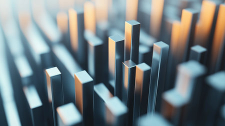 A close-up of a 3D bar graph with bars of varying heights and shades, demonstrating data trends and comparisons, with a modern, minimalistic backdrop.の素材
