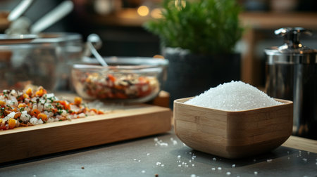 A close-up of a cooking salt container with a clean label, placed next to a fresh dish being prepared, showcasing its essential role in cooking.の素材