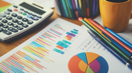 A close-up of a financial report with colorful business graphs and pie charts, surrounded by office supplies like pens, calculators, and a coffee cup.の素材
