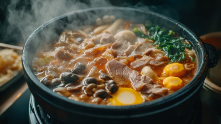 A close-up of a bubbling hot pot with rich broth, slices of meat, mushrooms, and vegetables, with steam rising and serving utensils ready for use.の素材