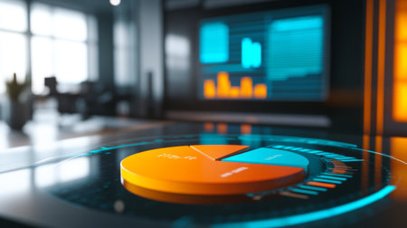 A close-up of a 3D pie chart being manipulated on a touchscreen monitor, with interactive segments highlighting different data points in a modern office setting.の素材