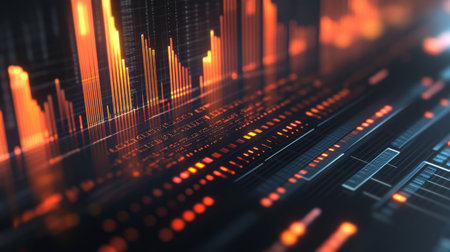 A close-up of a 3D bar graph with animated bars growing in height, showing real-time data changes with a dynamic and engaging visual effect.の素材