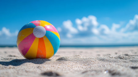 A close-up of a colorful beach ball with vibrant stripes, lying on the sand with a clear blue sky in the background, capturing a sunny summer day.の素材