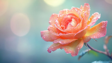 A close-up of a single, dew-kissed rose with delicate petals and vibrant color, set against a soft, blurred background to highlight its beauty.の素材
