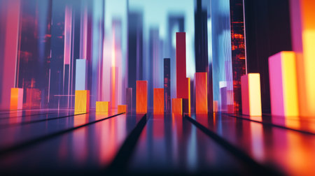 A close-up of a 3D bar graph with bars of varying heights and shades, demonstrating data trends and comparisons, with a modern, minimalistic backdrop.の素材