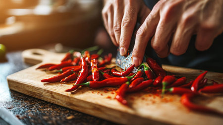 A close-up of a chef hands chopping red chili peppers on a wooden cutting board, with a focus on the vibrant color and fresh texture.の素材