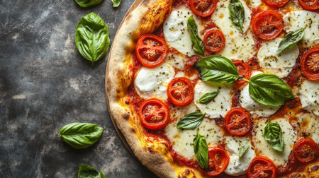 A close-up of a classic Margherita pizza with a golden crust, fresh tomato slices, mozzarella cheese, and basil leaves, set on a clean, rustic background.の素材