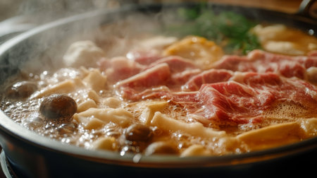 A close-up of a bubbling hot pot with rich broth, slices of meat, mushrooms, and vegetables, with steam rising and serving utensils ready for use.の素材