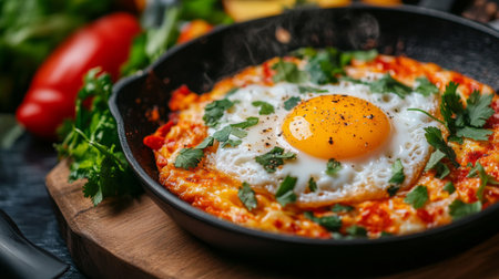A close-up of a sizzling pan of Thai-style fried eggs with crispy edges and a runny yolk, served with a side of pickled vegetables and fresh herbs.の素材