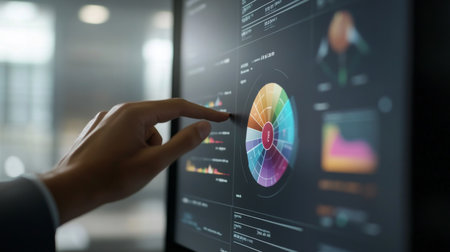 A close-up of a 3D pie chart being manipulated on a touchscreen monitor, with interactive segments highlighting different data points in a modern office setting.の素材