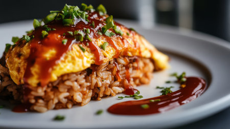 A close-up of a perfectly cooked omurice with a fluffy omelet draped over savory fried rice, garnished with ketchup and fresh herbs on a white plate.の素材