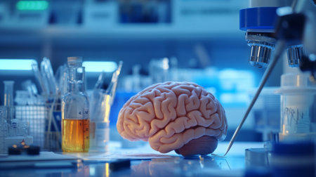 A close-up of a human brain in a laboratory setting, with scientific tools and notes surrounding it, illustrating brain research and neuroscience studies.の素材