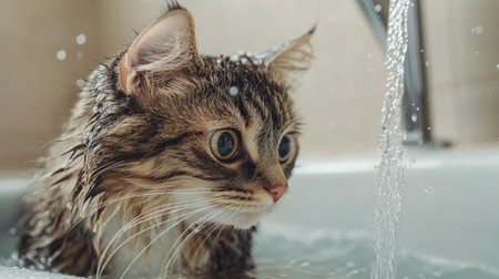 A close-up of a cat sitting in a shallow bath with gentle water splashing around, showing its curious expression and wet fur in a cozy bathroom setting.の素材