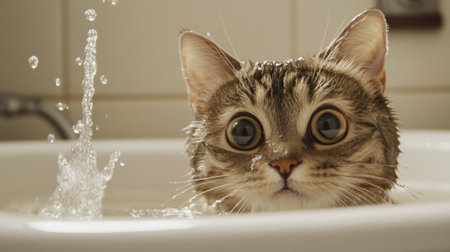 A close-up of a cat sitting in a shallow bath with gentle water splashing around, showing its curious expression and wet fur in a cozy bathroom setting.の素材