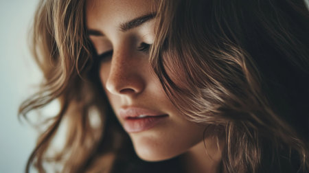 A close-up of a woman with long, flowing hair styled into loose waves, with a focus on the natural texture and effortless beauty of the hairstyle.の素材