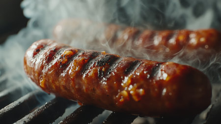 A close-up of a sausage being grilled, with focus on the grilling marks, smoke, and the juicy, tender texture as it cooks on the barbecue.の素材