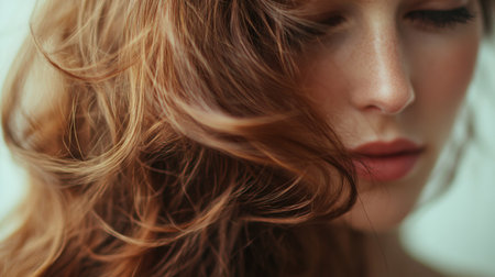 A close-up of a woman with long, flowing hair styled into loose waves, with a focus on the natural texture and effortless beauty of the hairstyle.の素材
