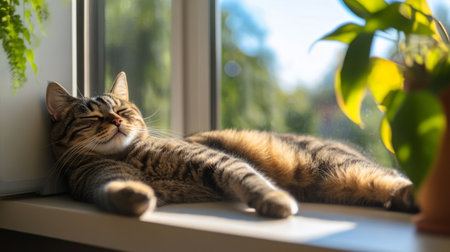 A chubby cat stretching out on a sunny windowsill, with its ample body visible and a warm, bright background highlighting its relaxed pose.の素材