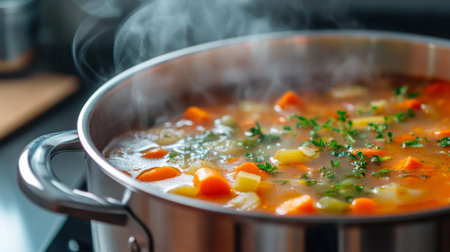 A close-up of a pot of hot, homemade soup with vegetables and herbs, with steam rising and the soup vibrant colors highlighted against a simple kitchen setting.の素材