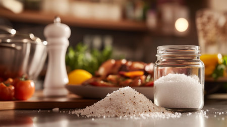A close-up of a cooking salt container with a clean label, placed next to a fresh dish being prepared, showcasing its essential role in cooking.の素材
